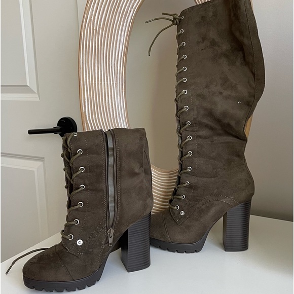 Khaki Lace-up Knee High Boots - Picture 1 of 2